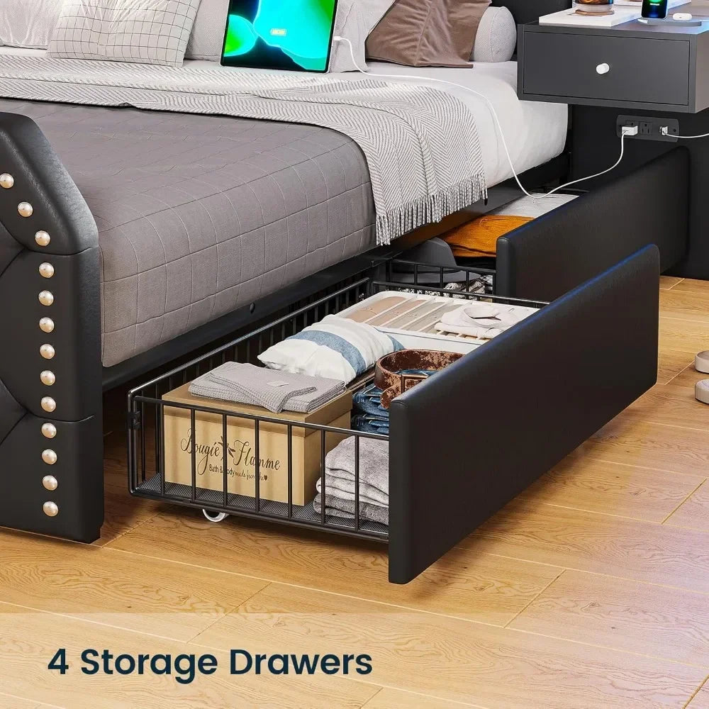 DreamSpace™ | Queen Size Platform Bed Frame with Storage & LED Headboard