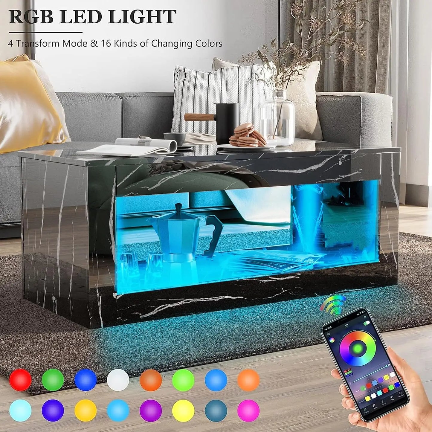 RadiantGlow™ | LED Coffee Table with Storage